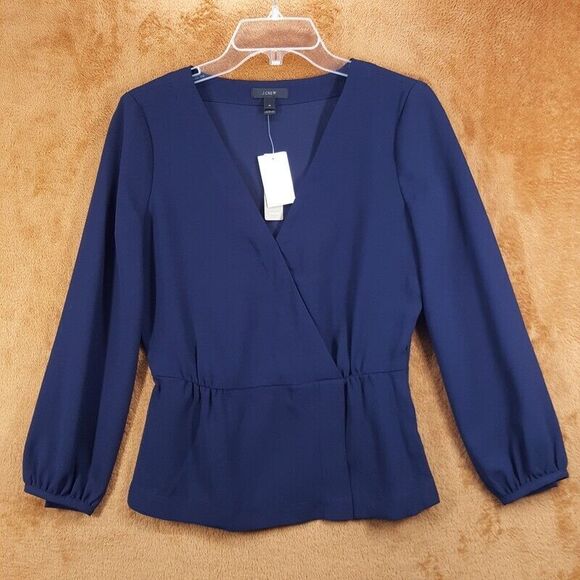 J CREW Top Womens Size 4 Navy Drapey Crepe Faux Wrap VNeck Side Zip - Picture 1 of 11